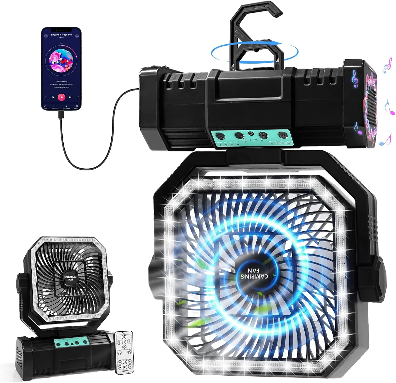 Camping Fan with Bluetooth Speaker Portable Fan,20000mAh Rechargeable Battery Powered Fans,Quiet 4-Speeds, 4-LED Light,360° Hanging Hook for Outdoor Picnic Tent Beach Travel Barbecue, Black