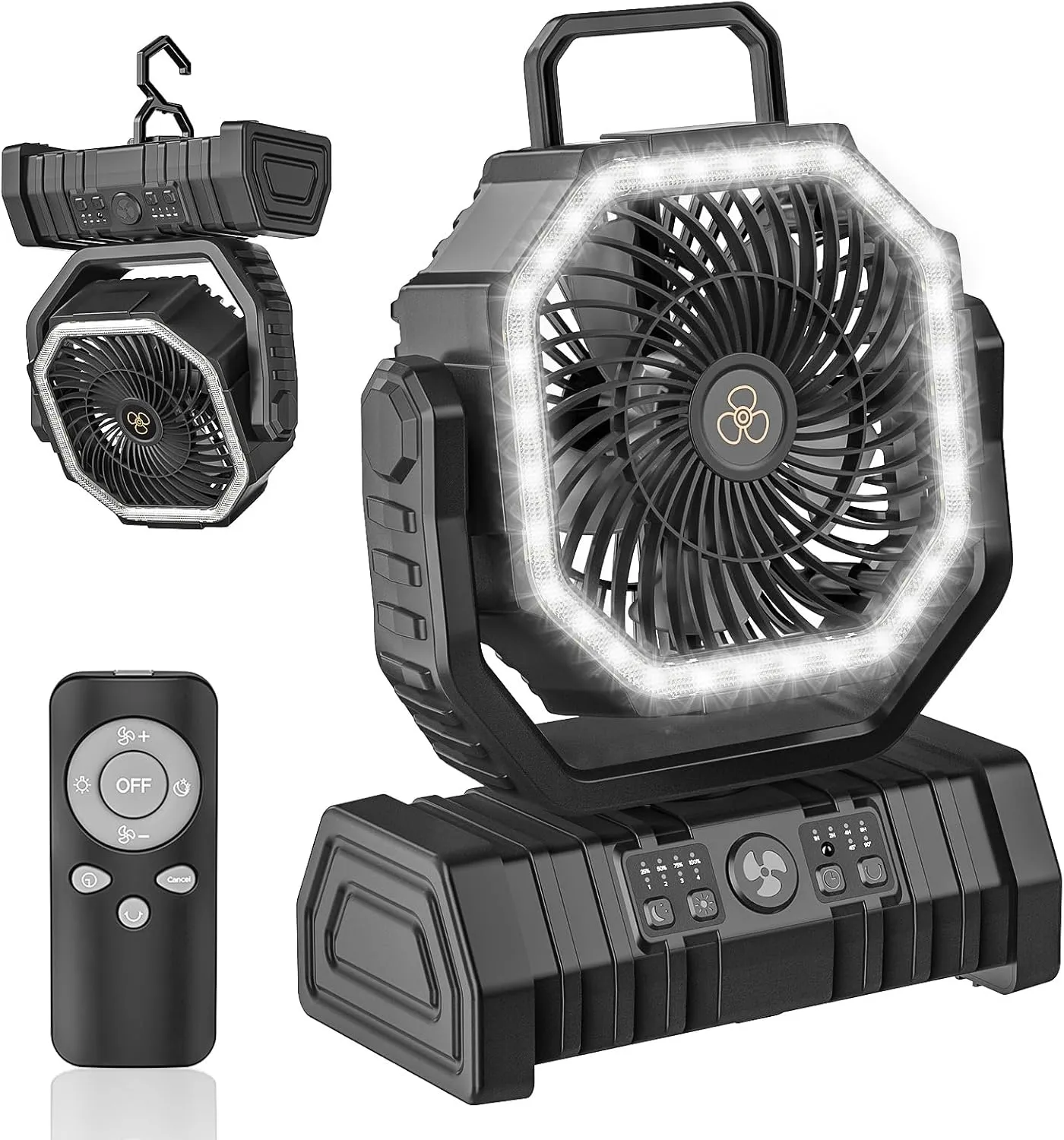 Camping Fan,20000mAh Rechargeable Battery Operated Outdoor Tent Fan with LED Light & Foldable Hook,4 Speeds with 270° Rotate Pivot for Camping,Barbecue,kitchen,Fishing Construction Sites…