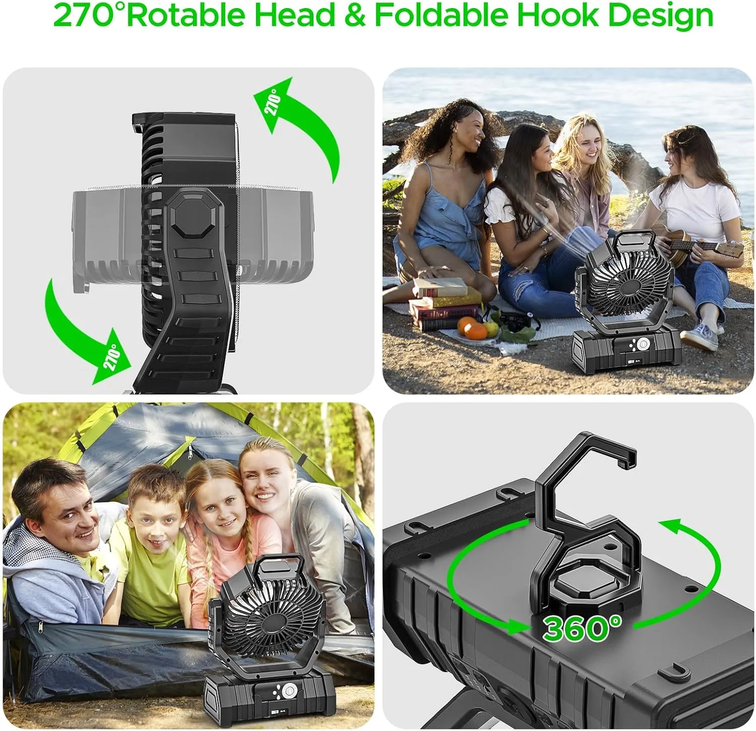 Camping Fan,20000mAh Rechargeable Battery Operated Outdoor Tent Fan with LED Light & Foldable Hook,4 Speeds with 270° Rotate Pivot for Camping,Barbecue,kitchen,Fishing Construction Sites…