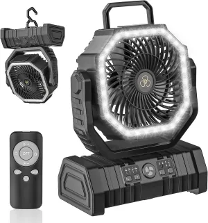 Camping Fan,20000mAh Rechargeable Battery Operated Outdoor Tent Fan with LED Light & Foldable Hook,4 Speeds with 270° Rotate Pivot for Camping,Barbecue,kitchen,Fishing Construction Sites…