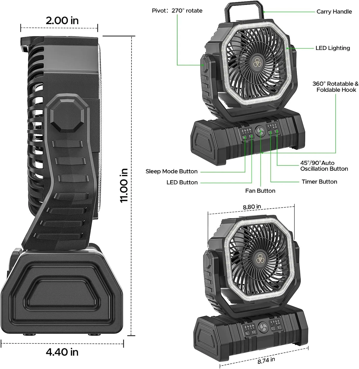 Camping Fan,20000mAh Rechargeable Battery Operated Outdoor Tent Fan with LED Light & Foldable Hook,4 Speeds with 270° Rotate Pivot for Camping,Barbecue,kitchen,Fishing Construction Sites…