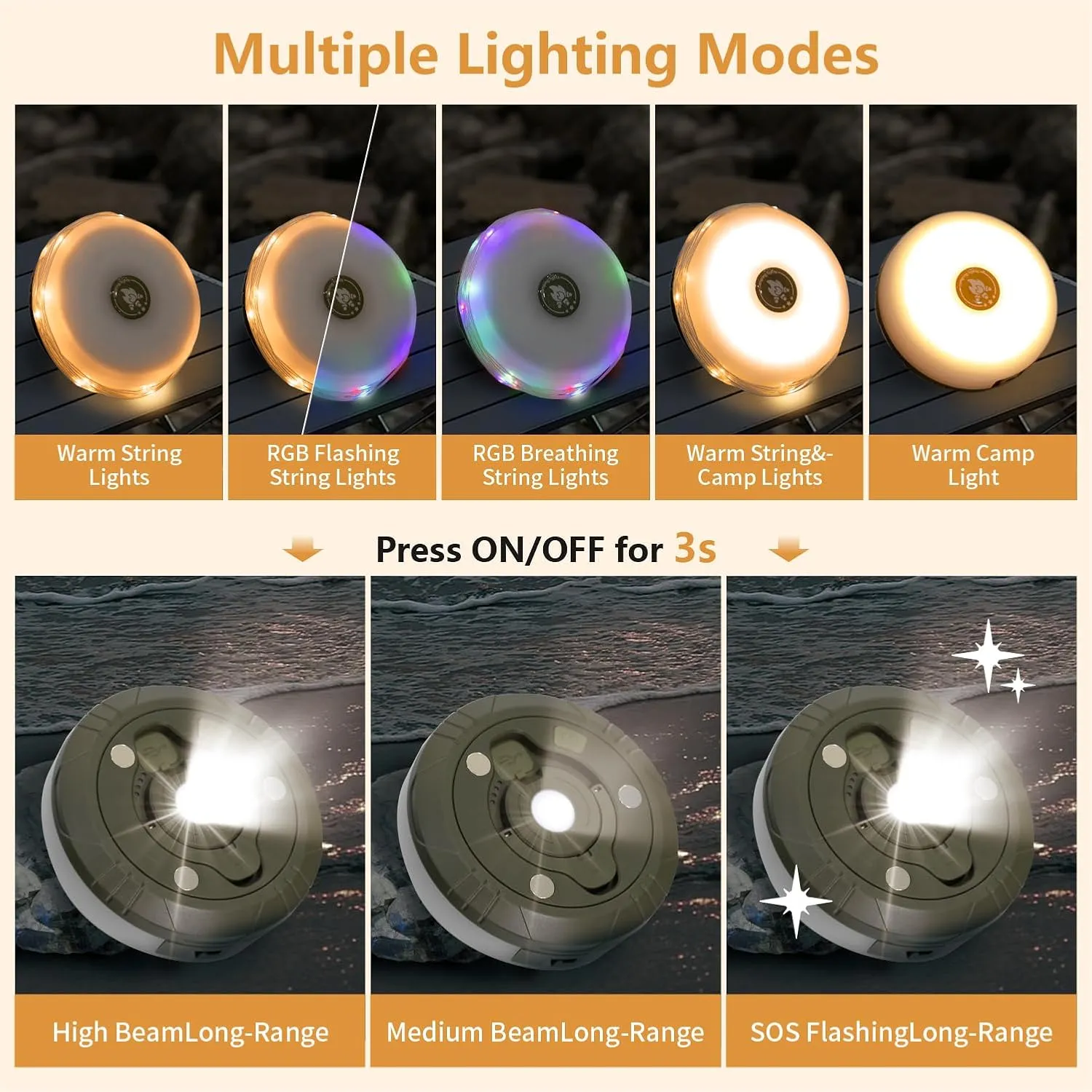 Camping Lights String,4 in 1 Upgraded Outdoor String Lights with 8 Lighting Modes,30s Recovery,USB Charging - Portable RGB Camping String Lights for Camping, Hiking - 29.52ft