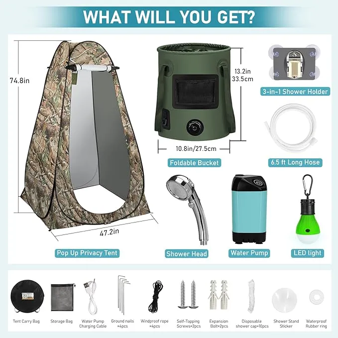 Camping Shower Tent Kit, Pop Up Privacy Shelter with LED Lights, Portable Shower Pump with 6.6 Gallons Collapsible Bucket Camp Bathroom for Adults Outdoor Hiking
