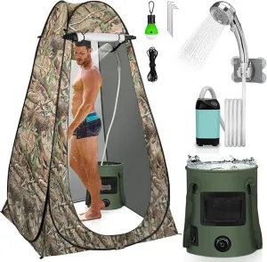 Camping Shower Tent Kit, Pop Up Privacy Shelter with LED Lights, Portable Shower Pump with 6.6 Gallons Collapsible Bucket Camp Bathroom for Adults Outdoor Hiking