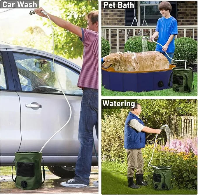 Camping Shower Tent Kit, Pop Up Privacy Shelter with LED Lights, Portable Shower Pump with 6.6 Gallons Collapsible Bucket Camp Bathroom for Adults Outdoor Hiking