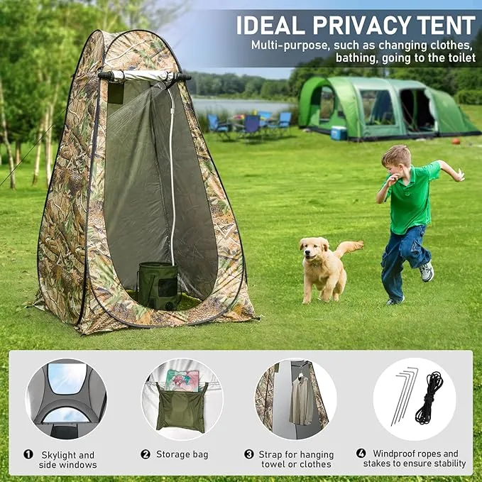 Camping Shower Tent Kit, Pop Up Privacy Shelter with LED Lights, Portable Shower Pump with 6.6 Gallons Collapsible Bucket Camp Bathroom for Adults Outdoor Hiking