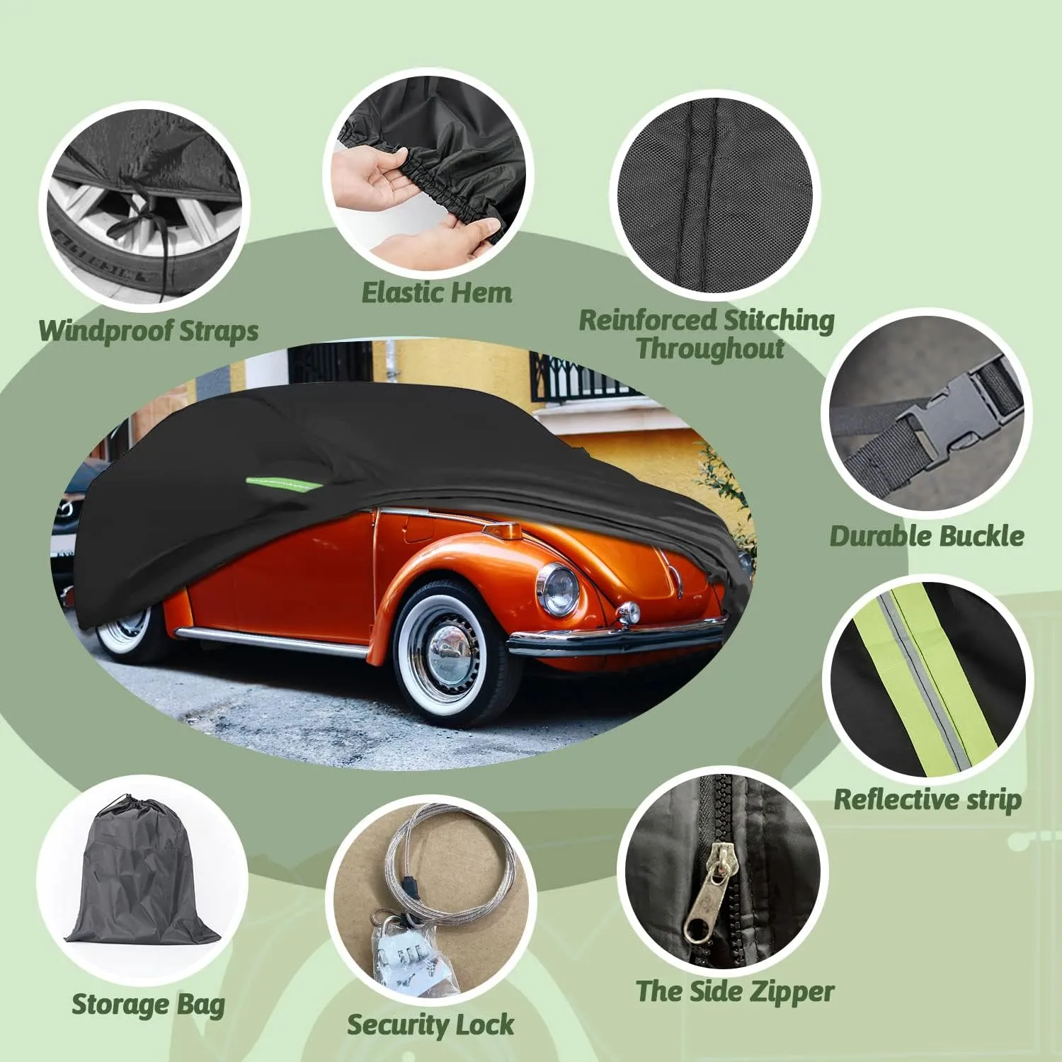 Car Covers for 1960-1980 Beetle Bug Sedan 2-Door, Waterproof All Weather Beetle Full Car Cover 210T Custom-fit Outdoor Windproof Cover with Door Zipper Up to 167”L(Black)