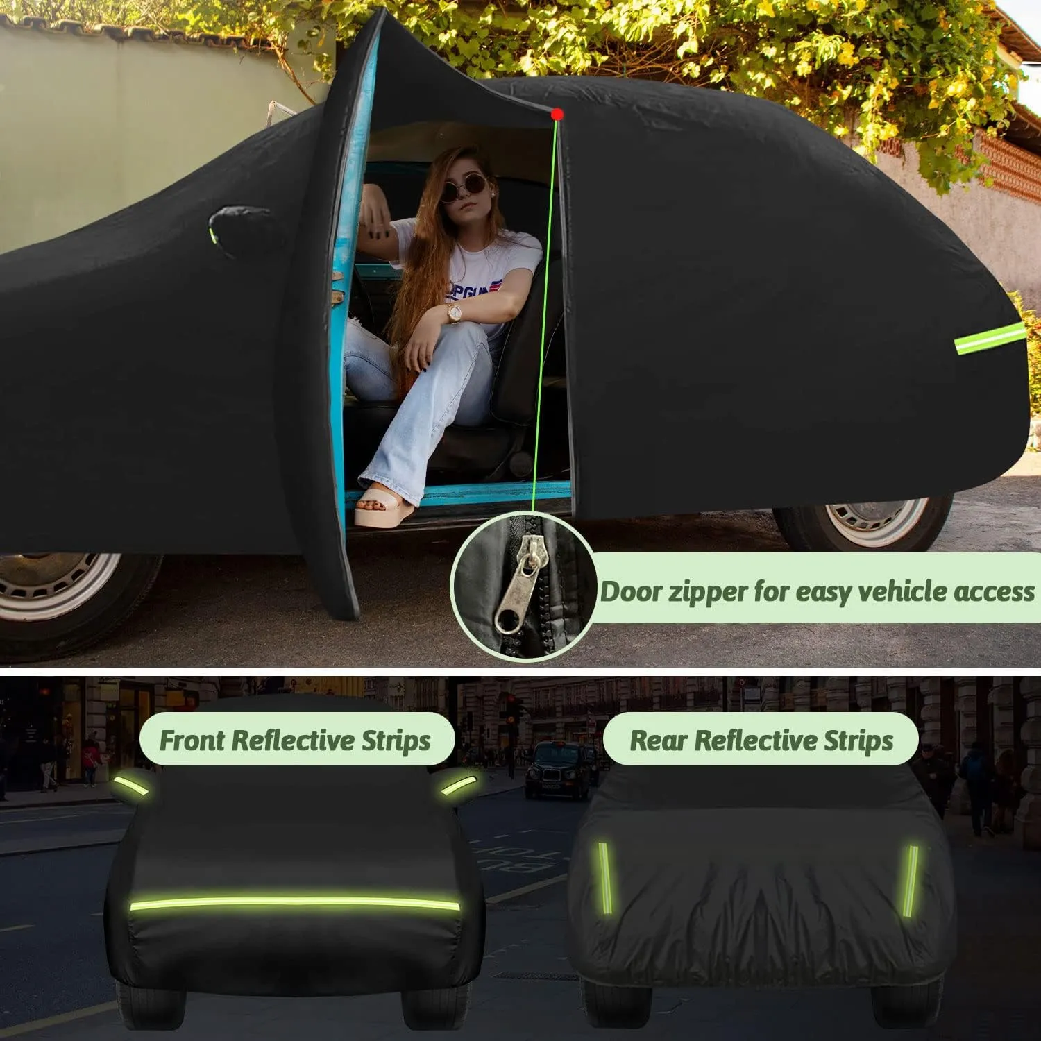 Car Covers for 1960-1980 Beetle Bug Sedan 2-Door, Waterproof All Weather Beetle Full Car Cover 210T Custom-fit Outdoor Windproof Cover with Door Zipper Up to 167”L(Black)