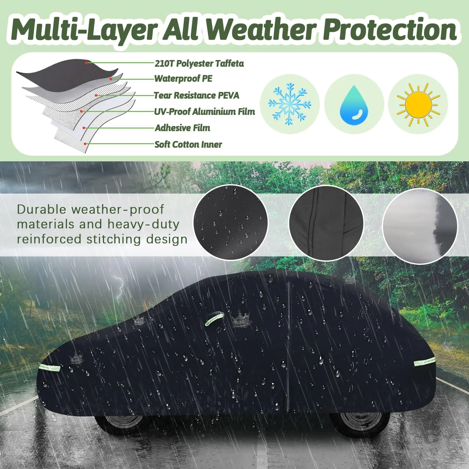 Car Covers for 1960-1980 Beetle Bug Sedan 2-Door, Waterproof All Weather Beetle Full Car Cover 210T Custom-fit Outdoor Windproof Cover with Door Zipper Up to 167”L(Black)
