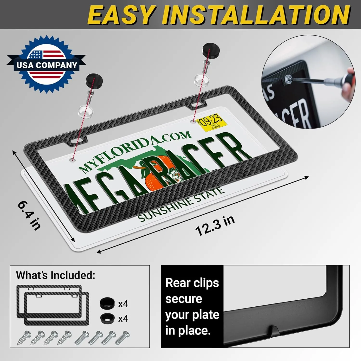 Carbon Fiber License Plate Frames 2 Pack | License Plate Holder for Truck Car Tag Frame | Cool Metal Black Licence Plate Frame Men | Marco Porta Placas Para Auto De Carro | Front Rear Thin Slim 2 Hole