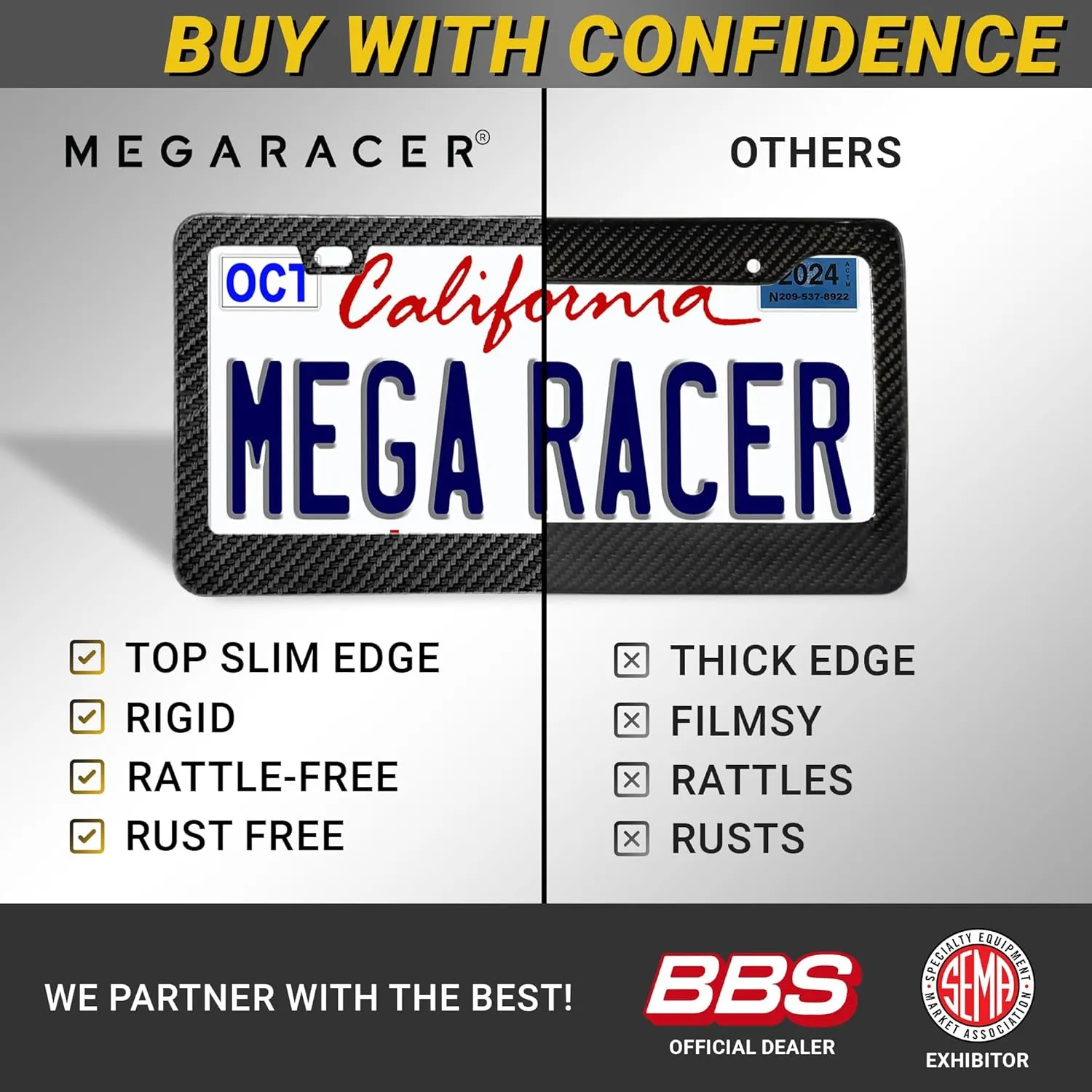 Carbon Fiber License Plate Frames 2 Pack | License Plate Holder for Truck Car Tag Frame | Cool Metal Black Licence Plate Frame Men | Marco Porta Placas Para Auto De Carro | Front Rear Thin Slim 2 Hole