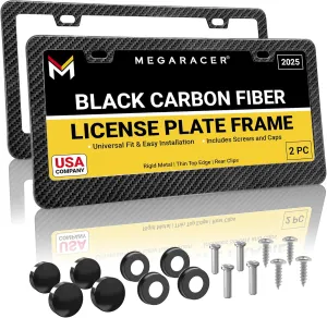 Carbon Fiber License Plate Frames 2 Pack | License Plate Holder for Truck Car Tag Frame | Cool Metal Black Licence Plate Frame Men | Marco Porta Placas Para Auto De Carro | Front Rear Thin Slim 2 Hole