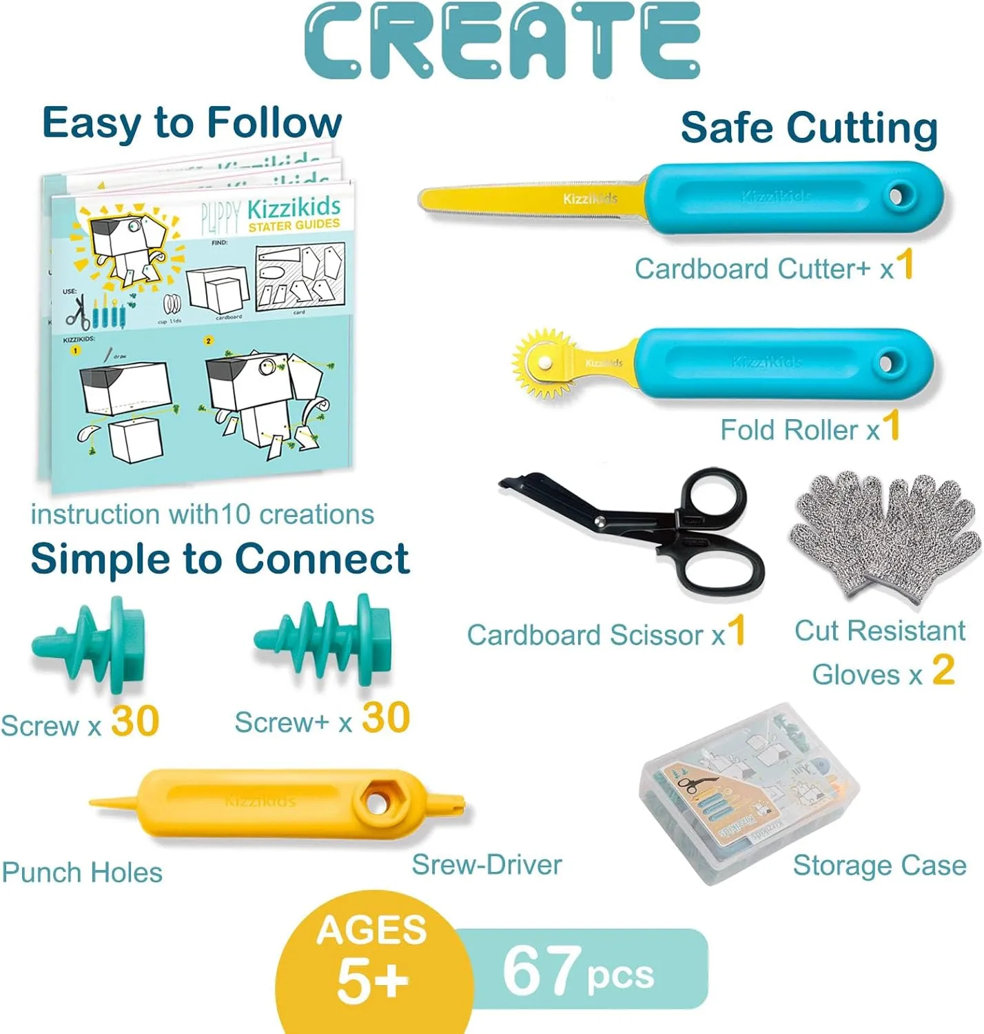 Cardboard Cutting Tools for Kids with Tool Box, 67 PCS Cardboard Construction Kit for Family & Team Activities, Creative STEM Educational Toys Gift for Boys and Girls Aged 5 