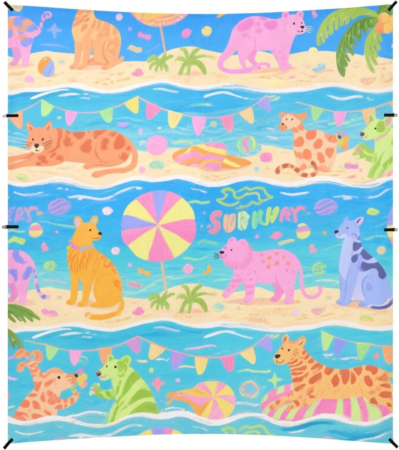 Cartoon Cute Colorful Animal Party Foldable Beach Cabana UPF50 Easy Setup Large Sun Shade with Sand Shovel, Sandbags for Camping, Picnics, Backyard & Fishing