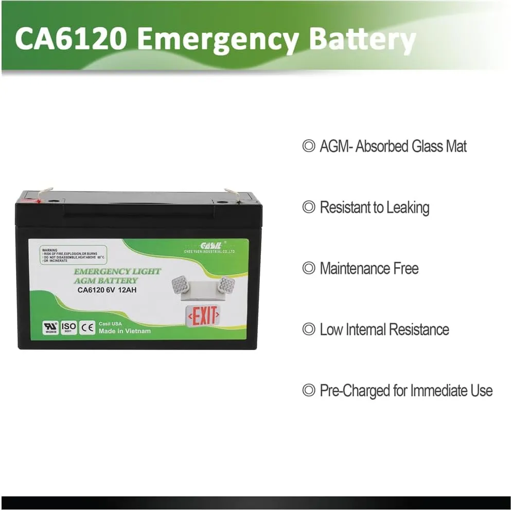 Casil CA6120 6V 12Ah Emergency Light Battery Exit Sign Lithonia Compatible