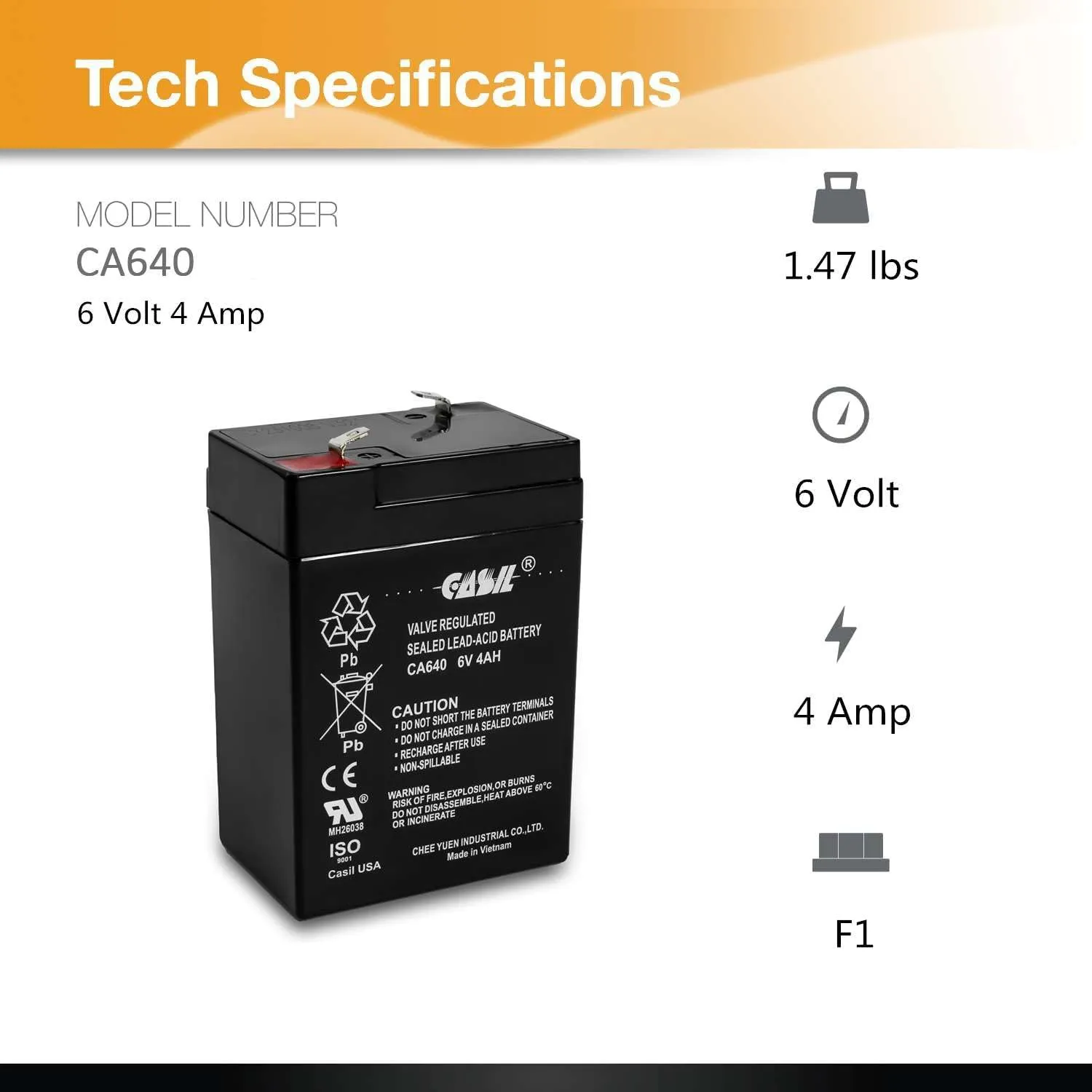 Casil CA640 6V 4Ah Compatible with Lithonia Lighting Replacement Parts - ELB06042 Battery for Battery Emergency Light, ELB 06042 Emergency Replacement Battery, Commercial Light Fixtures Power Solution