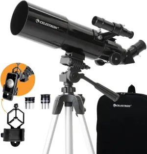 Celestron - 80mm Travel Scope - Portable Refractor Telescope - Fully-Coated Glass Optics - Ideal Telescope for Beginners - Bonus Astronomy Software Package - Digiscoping Smartphone Adapter