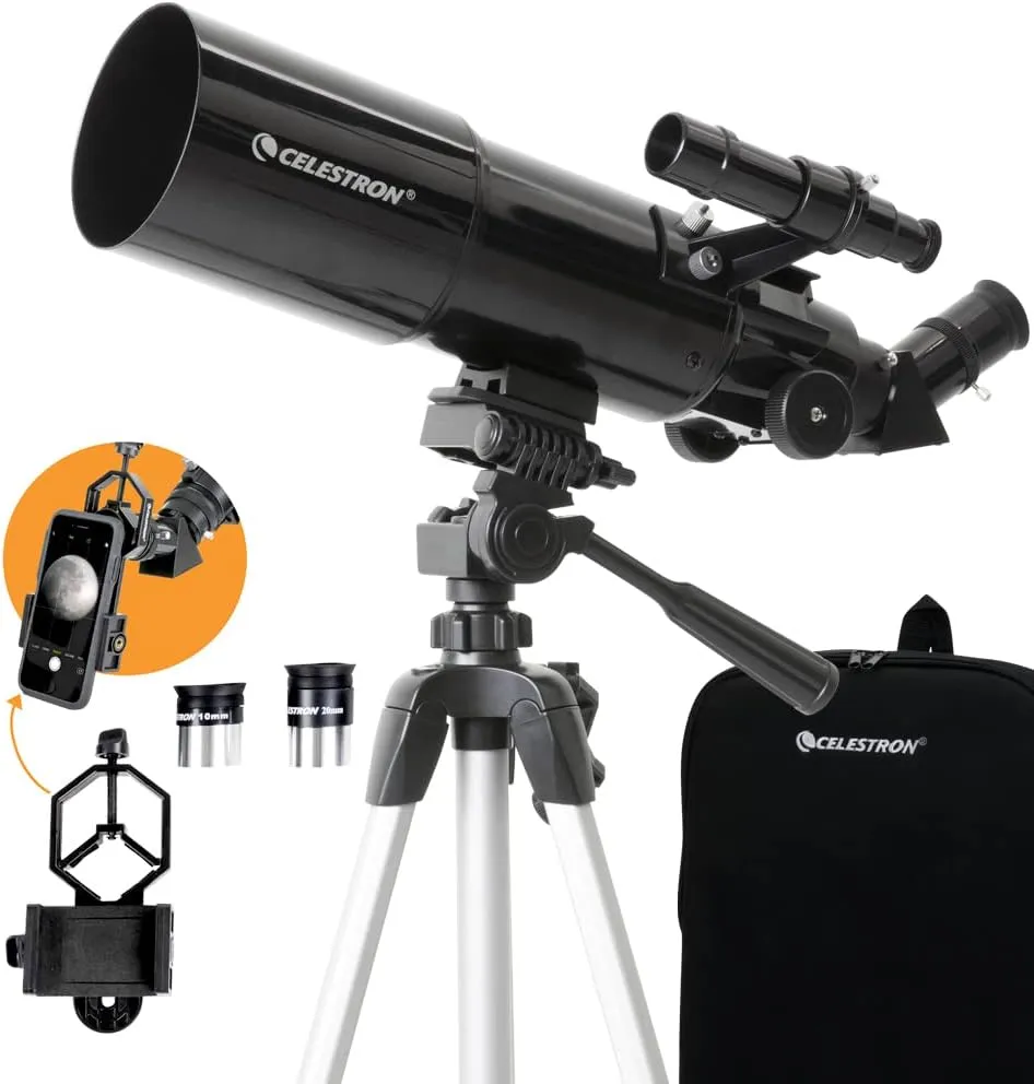 Celestron - 80mm Travel Scope - Portable Refractor Telescope - Fully-Coated Glass Optics - Ideal Telescope for Beginners - Bonus Astronomy Software Package - Digiscoping Smartphone Adapter