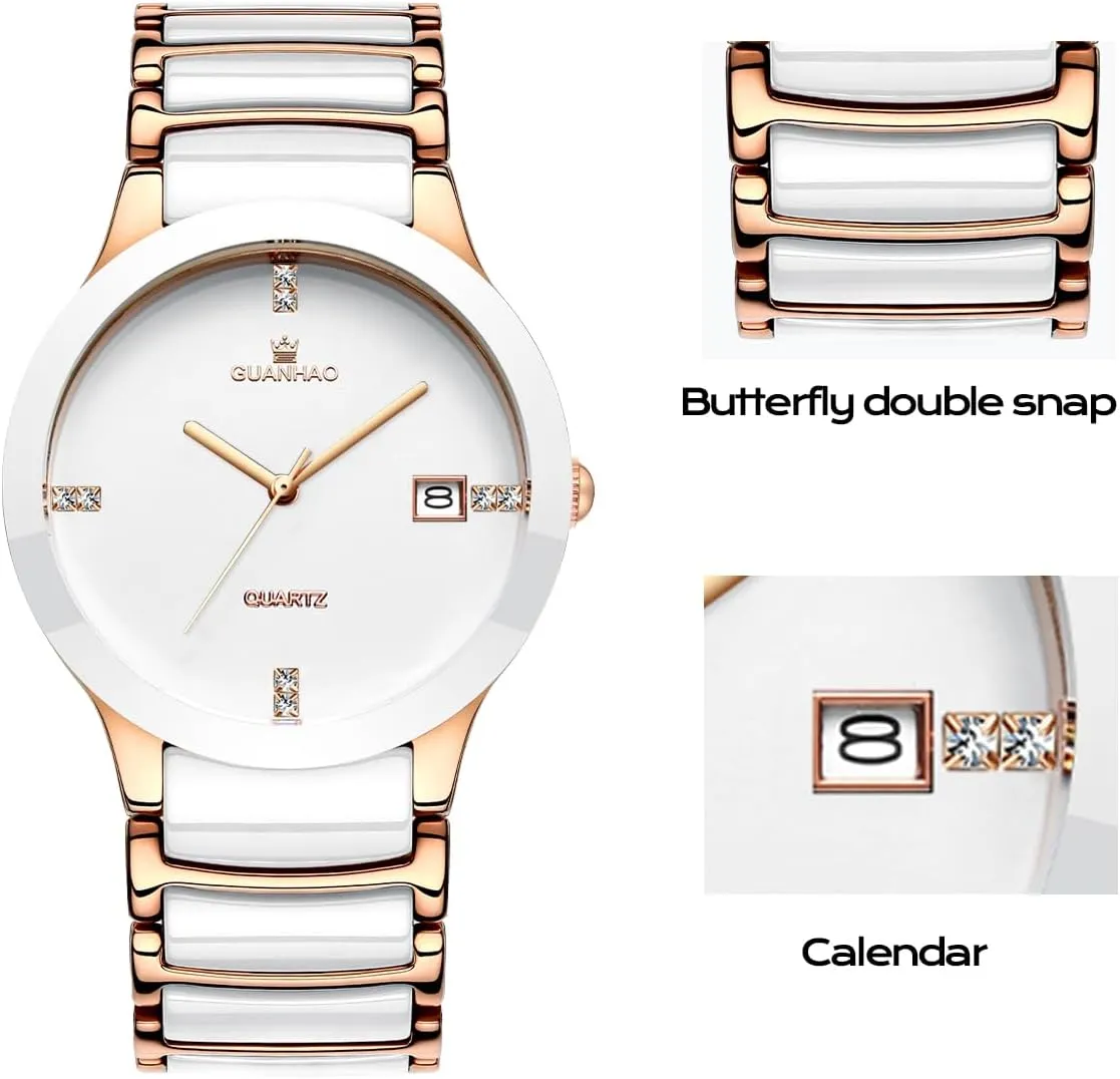 Ceramic Men Watches, Black White Dial, Dress Quartz Calendar Wristwatches for Men, Ceramic Band Watches for Men
