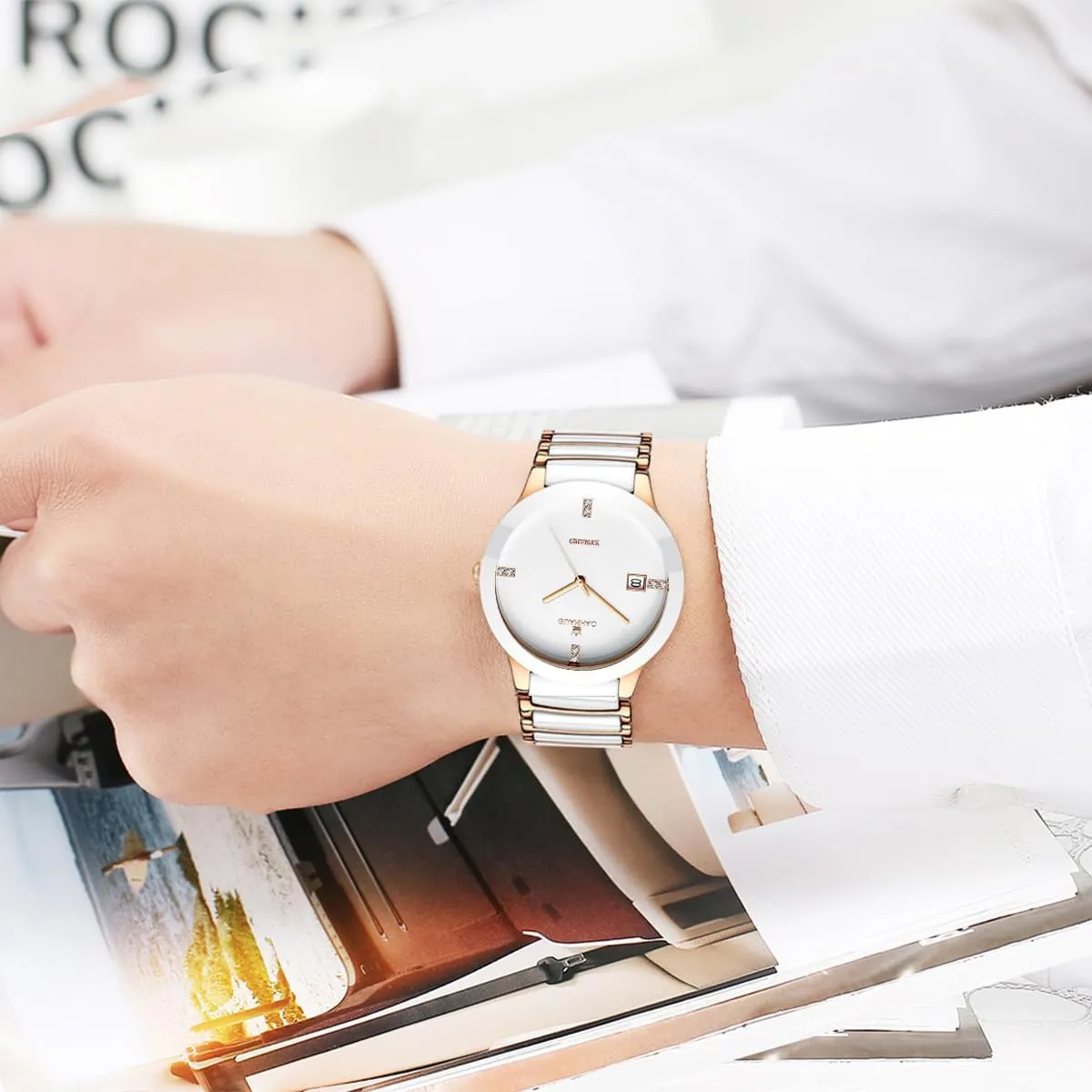 Ceramic Men Watches, Black White Dial, Dress Quartz Calendar Wristwatches for Men, Ceramic Band Watches for Men