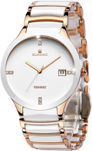 Ceramic Men Watches, Black White Dial, Dress Quartz Calendar Wristwatches for Men, Ceramic Band Watches for Men