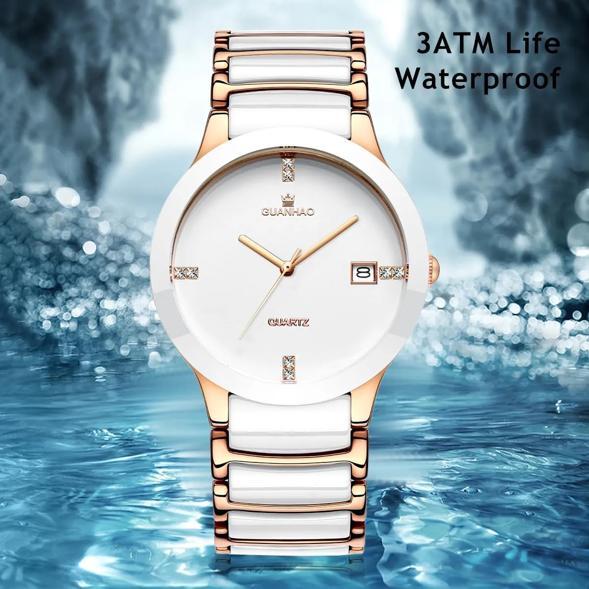 Ceramic Men Watches, Black White Dial, Dress Quartz Calendar Wristwatches for Men, Ceramic Band Watches for Men