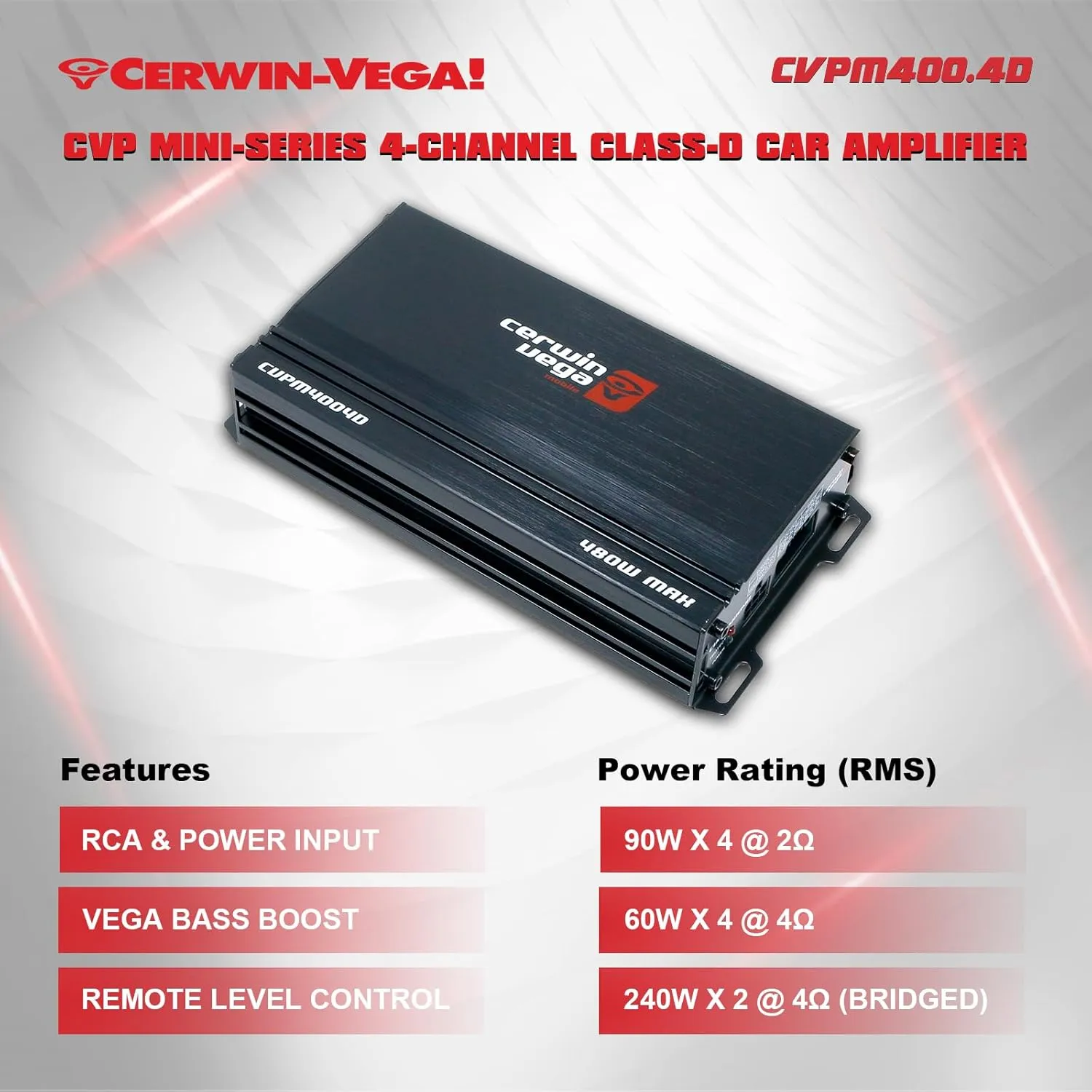 Cerwin-Vega Performance Series Mini Amplifiers – 4-Channel & Monoblock Class-D Options – High-Performance Compact Car Audio Power (4-Channel)