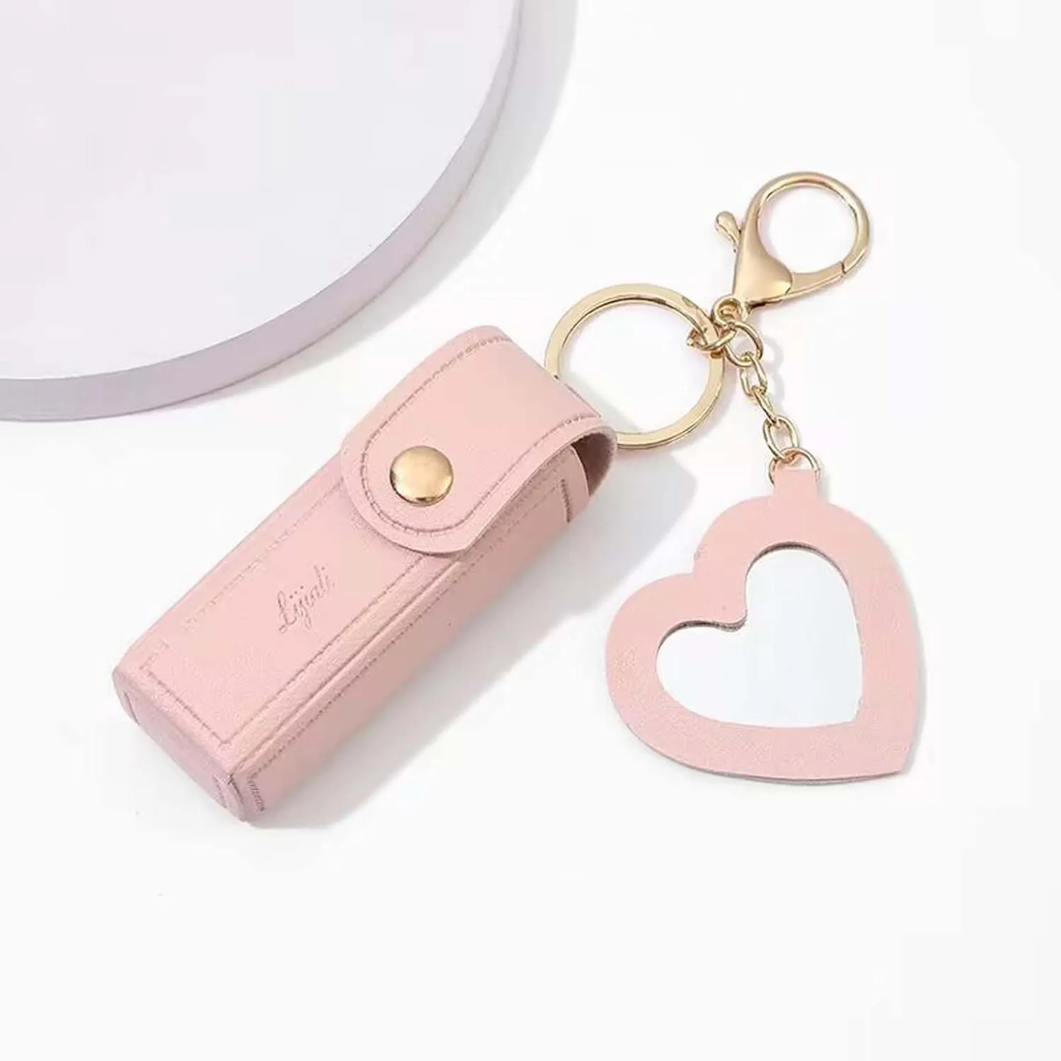 Cherishty Lip Oil Keychain, Lipstick Holderkeychain with Mirror, PU Leather Potable Lips Gloss Holder for Travel Storage (Pink)