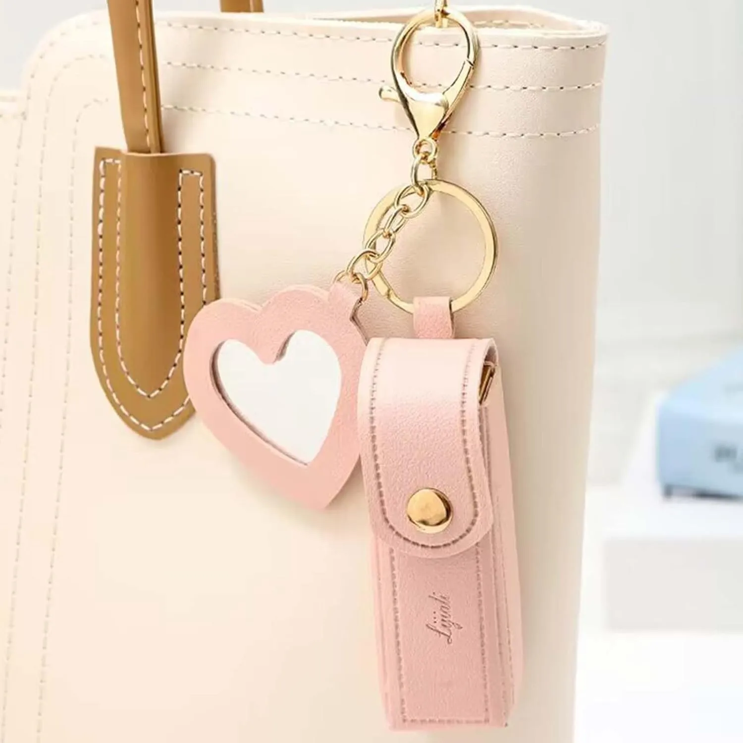 Cherishty Lip Oil Keychain, Lipstick Holderkeychain with Mirror, PU Leather Potable Lips Gloss Holder for Travel Storage (Pink)