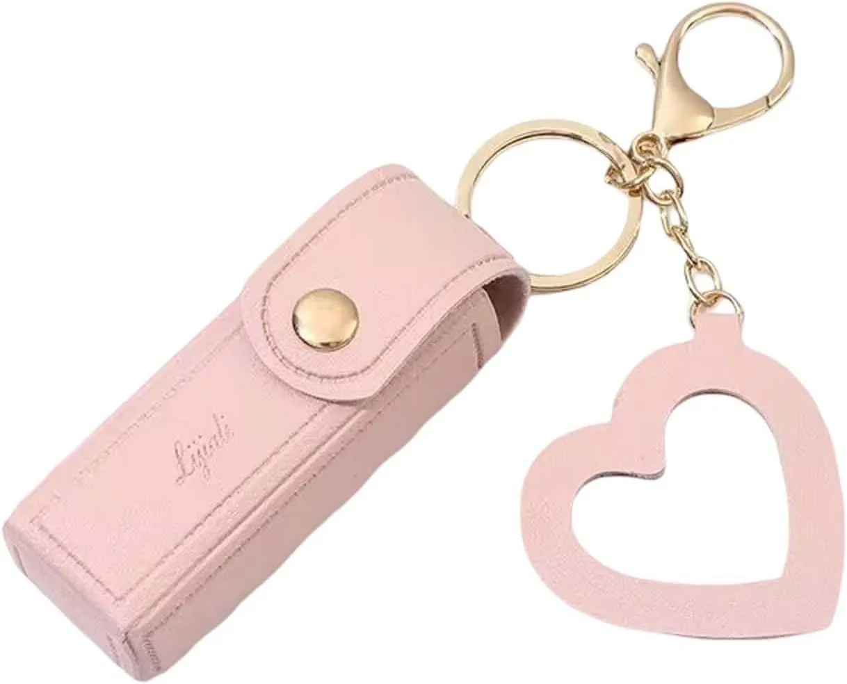 Cherishty Lip Oil Keychain, Lipstick Holderkeychain with Mirror, PU Leather Potable Lips Gloss Holder for Travel Storage (Pink)