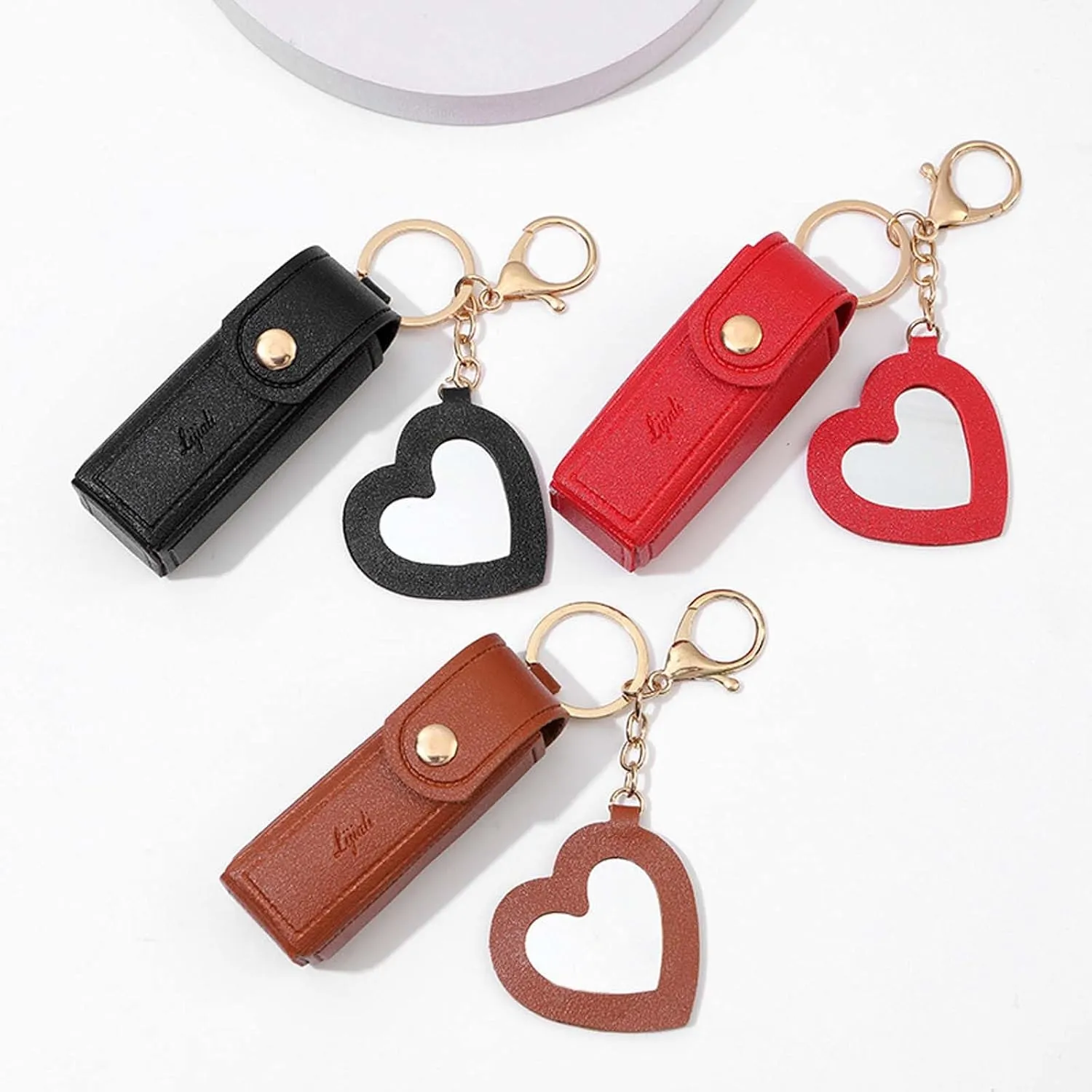 Cherishty Lip Oil Keychain, Lipstick Holderkeychain with Mirror, PU Leather Potable Lips Gloss Holder for Travel Storage (Pink)