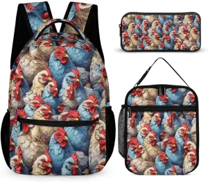 Chicken Backpack with Lunch Box & Pencil Case, 16 Inch Cute Chicken Themed Bookbag, Adjustable Lightweight Large Capacity, Colorful Chicken Backpack Set for Kids Girls Boys School