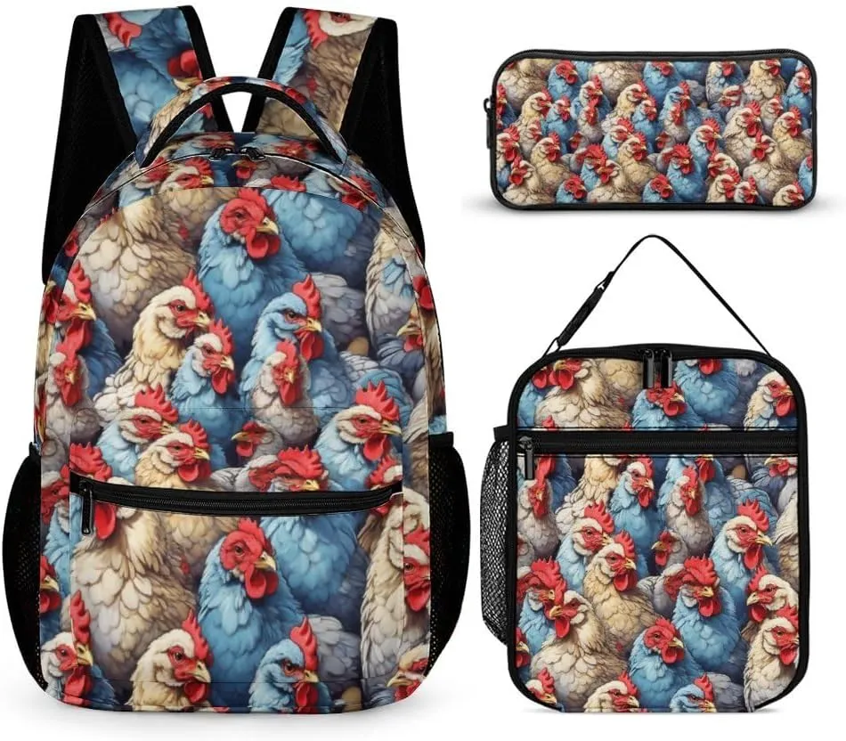 Chicken Backpack with Lunch Box & Pencil Case, 16 Inch Cute Chicken Themed Bookbag, Adjustable Lightweight Large Capacity, Colorful Chicken Backpack Set for Kids Girls Boys School