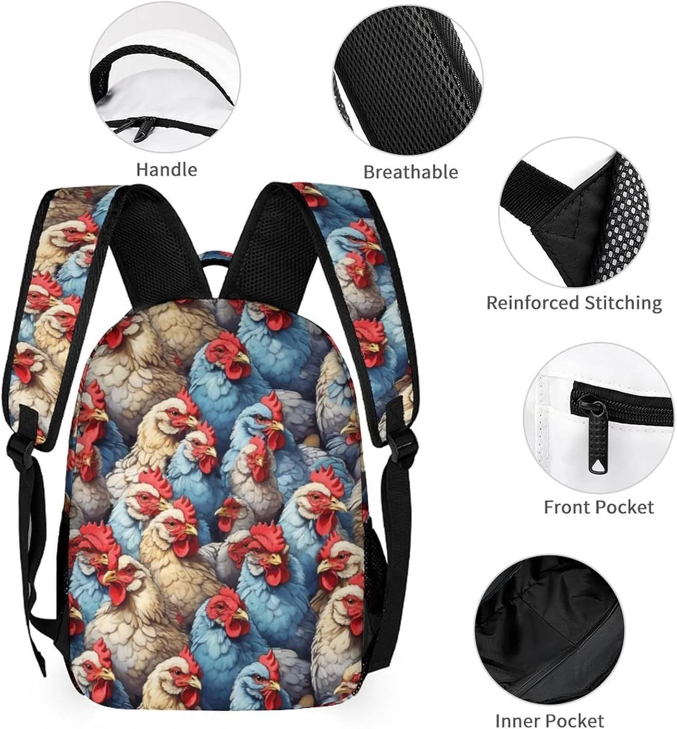 Chicken Backpack with Lunch Box & Pencil Case, 16 Inch Cute Chicken Themed Bookbag, Adjustable Lightweight Large Capacity, Colorful Chicken Backpack Set for Kids Girls Boys School