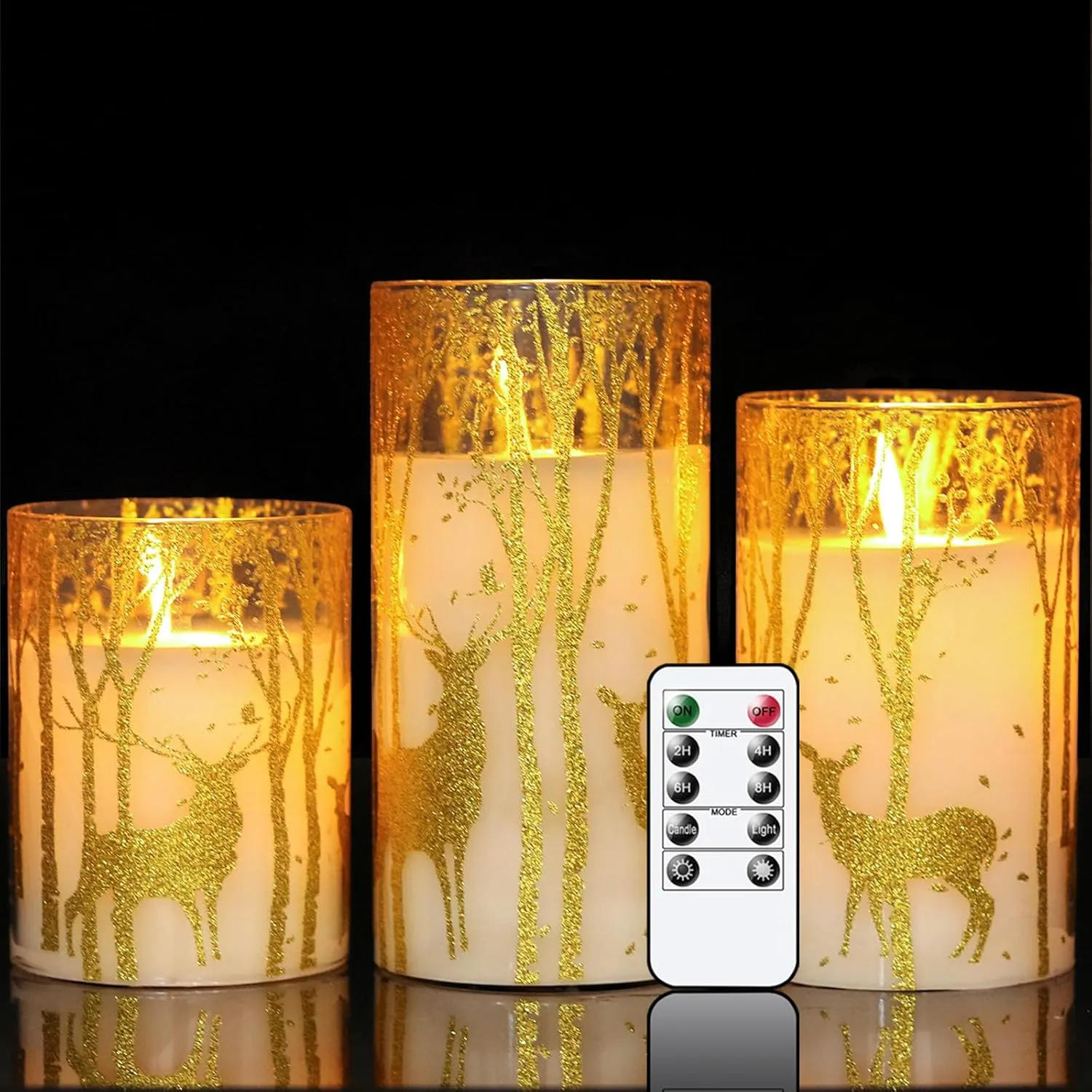 Christmas Deer Flameless Candles with Remote Timer, Glass Battery Operated Pillar Candles with Gold Elk Decor, LED Flickering Candles with 3D Wick and Real Wax for Winter Christmas Home Decor