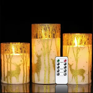 Christmas Deer Flameless Candles with Remote Timer, Glass Battery Operated Pillar Candles with Gold Elk Decor, LED Flickering Candles with 3D Wick and Real Wax for Winter Christmas Home Decor