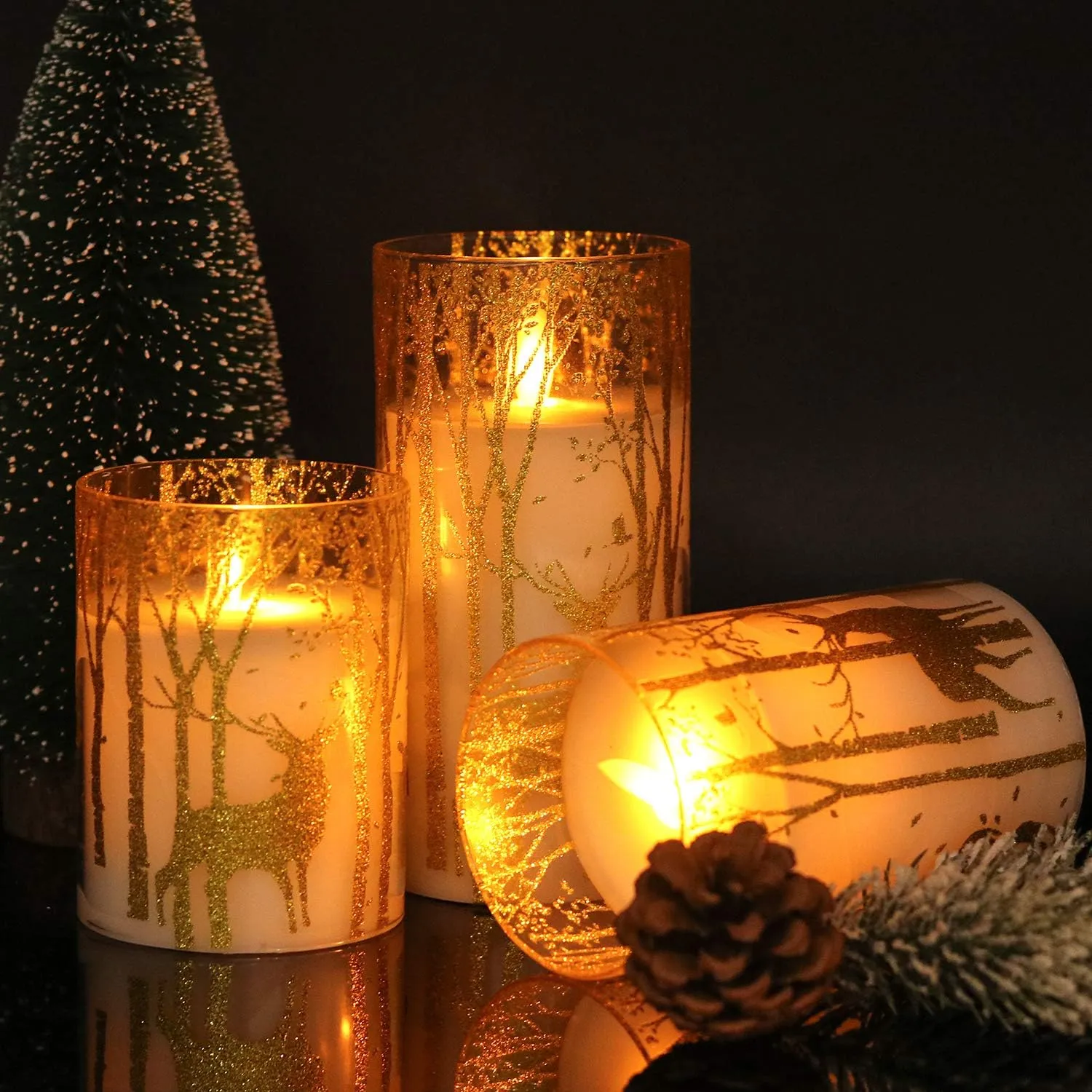 Christmas Deer Flameless Candles with Remote Timer, Glass Battery Operated Pillar Candles with Gold Elk Decor, LED Flickering Candles with 3D Wick and Real Wax for Winter Christmas Home Decor