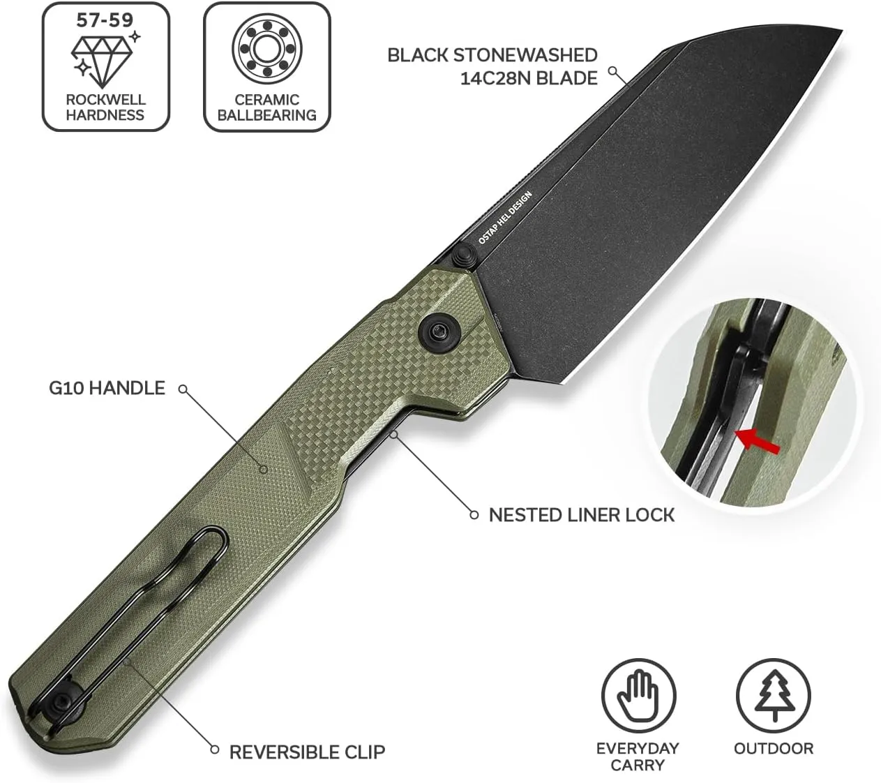 CIVIVI Hid Folding Pocket Knife, 4.14" Sharp 14C28N Blade G10 Handle Nested Liner Lock Kitchen Knife with Thumb Stud Opener, Ideal for Outdoor Use Camping Hiking and EDC C23008-2, OD Green