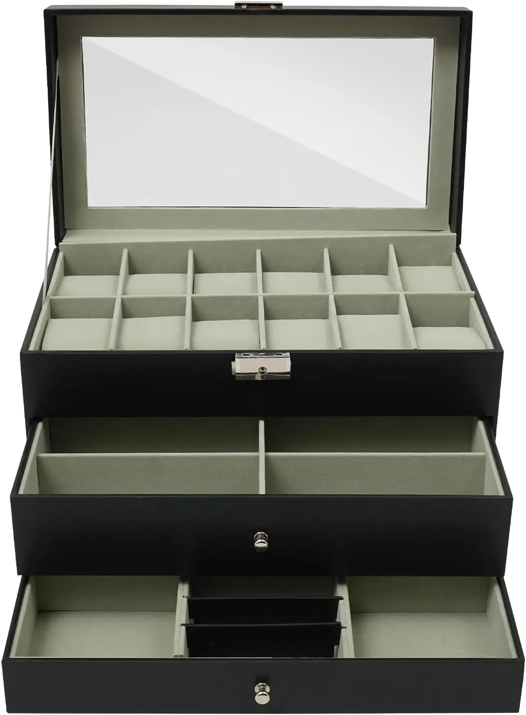 CNCEST Jewelry Box, Desktop Jewelry Cabinet, Watch Box Case (Black-3 tiers)