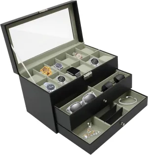 CNCEST Jewelry Box, Desktop Jewelry Cabinet, Watch Box Case (Black-3 tiers)