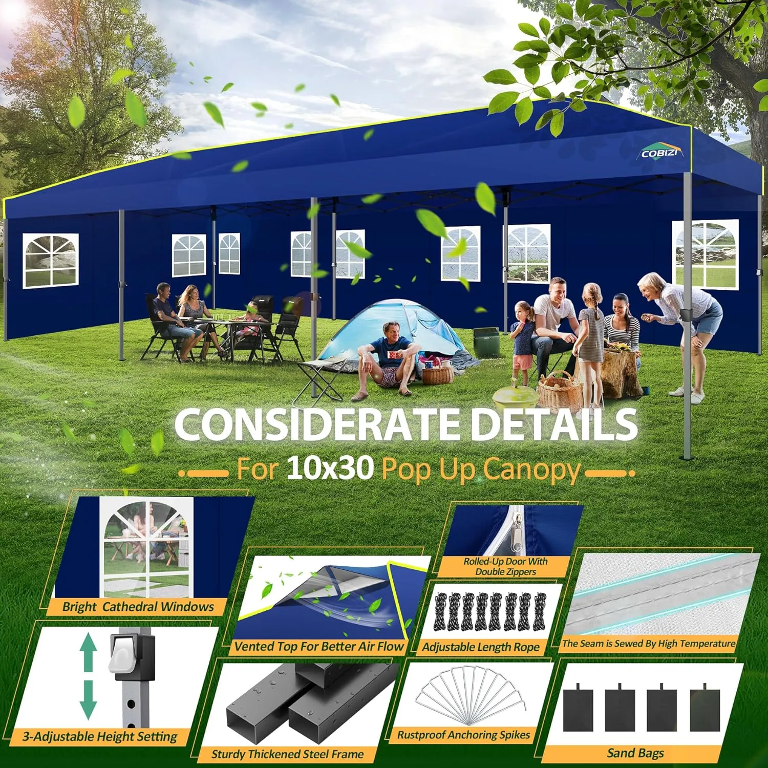 COBIZI 10x30 Pop Up Canopy Tent with Sidewalls 10x30 Party Tent Outdoor Wedding Event Tent for Parties UPF 50  Windproof Waterproof Gazebo with Air Vent, Wheeled Bag, Sandbag, Stake, Rope,(Navy Blue