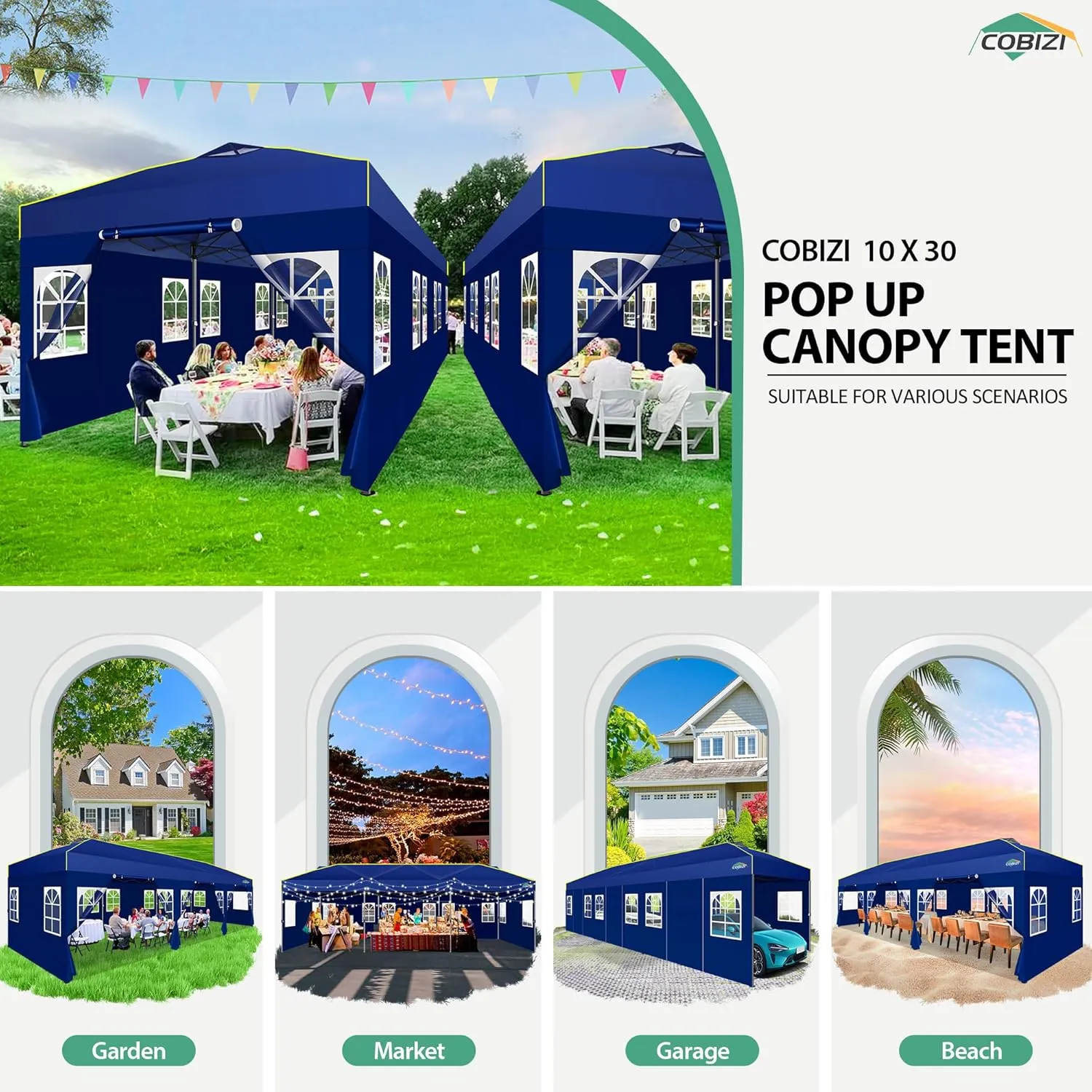 COBIZI 10x30 Pop Up Canopy Tent with Sidewalls 10x30 Party Tent Outdoor Wedding Event Tent for Parties UPF 50  Windproof Waterproof Gazebo with Air Vent, Wheeled Bag, Sandbag, Stake, Rope,(Navy Blue