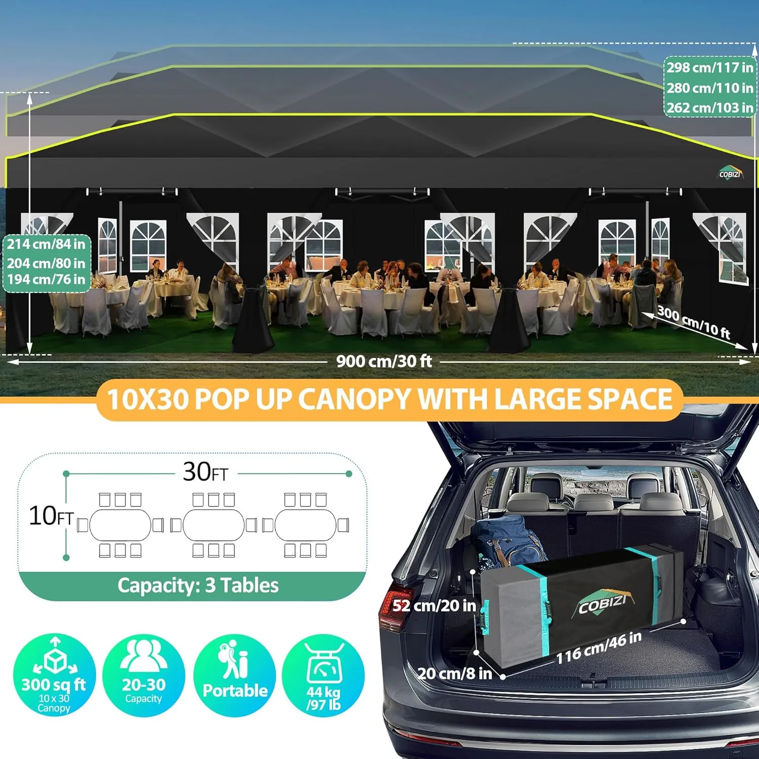 COBIZI 10x30 Pop Up Canopy Tent with Sidewalls 10x30 Party Tent Outdoor Wedding Event Tent for Parties UPF 50  Windproof Waterproof Gazebo with Air Vent, Wheeled Bag, Sandbag, Stake, Rope,(Navy Blue