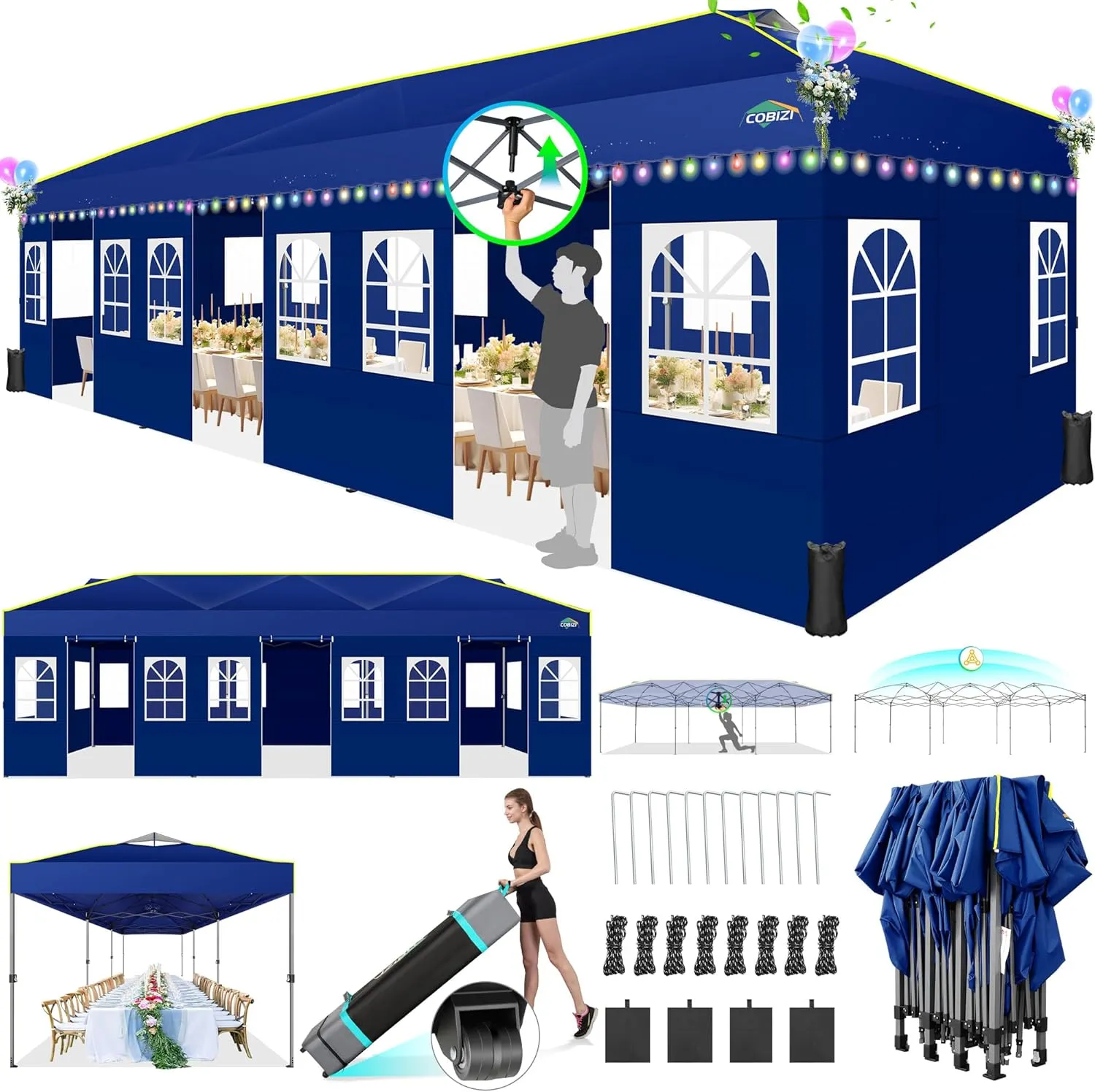 COBIZI 10x30 Pop Up Canopy Tent with Sidewalls 10x30 Party Tent Outdoor Wedding Event Tent for Parties UPF 50  Windproof Waterproof Gazebo with Air Vent, Wheeled Bag, Sandbag, Stake, Rope,(Navy Blue