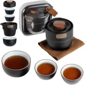 Compact Ceramic Travel Teapot Set, Portable Kung Fu Tea Kit with 3 Cups & 1 Pot, Mini Teapot with Storage Bag for Outdoor, Office, and Home Use