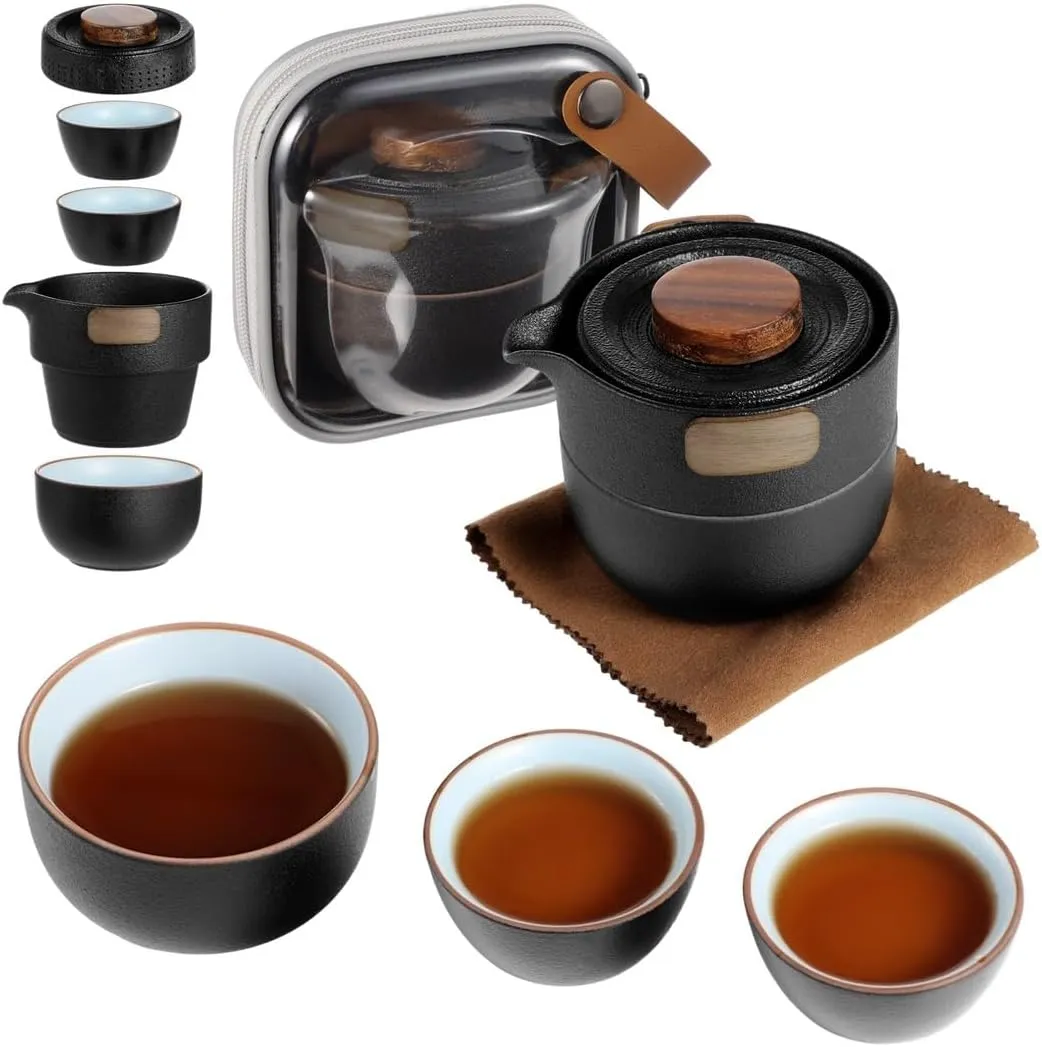 Compact Teapot Set, Portable Chinese Ceramic Kit with 3 Cups 1 Pot, Kung Fu Tea Set with Travel Bag for Camping Picnic