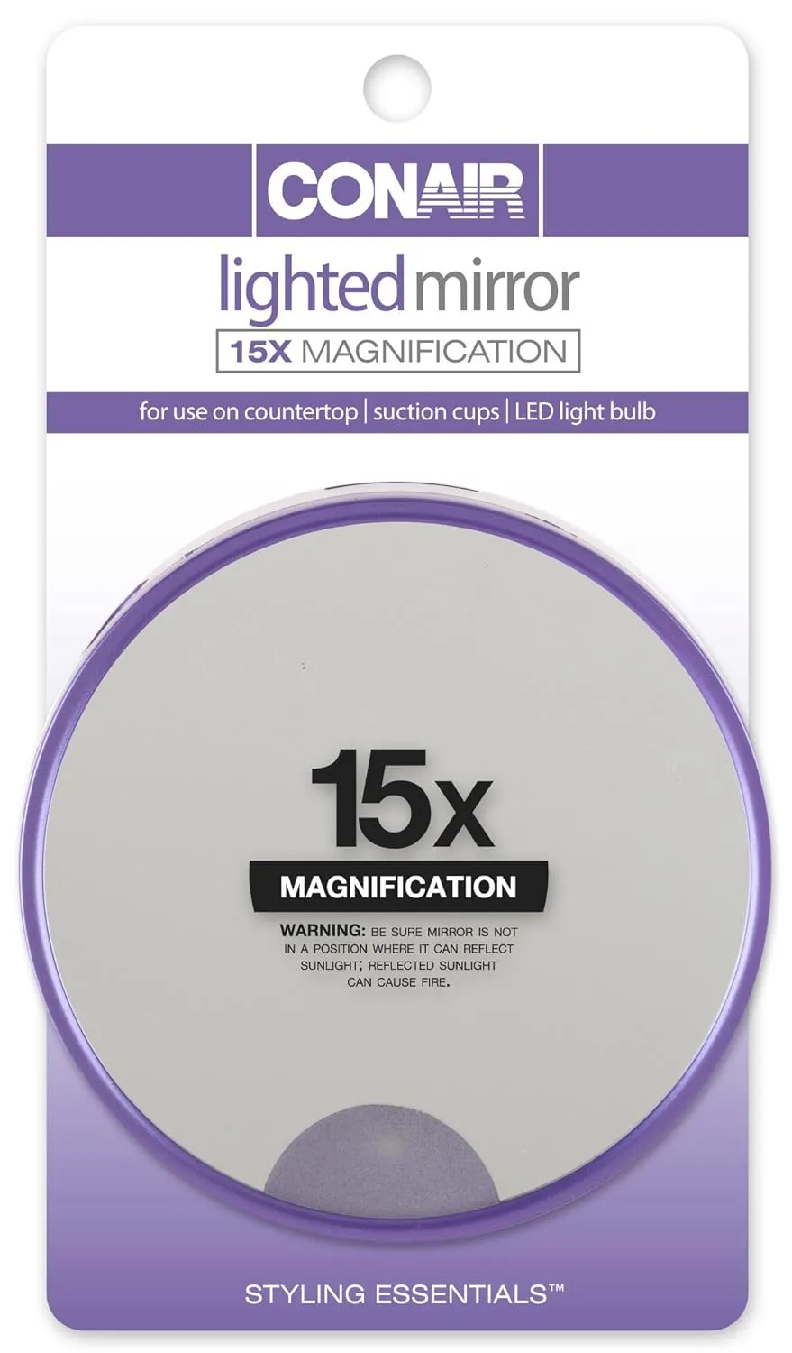 Conair 15x Magnification Lighted Suction Cup Mirror, Colors May Vary (Pack of 2)