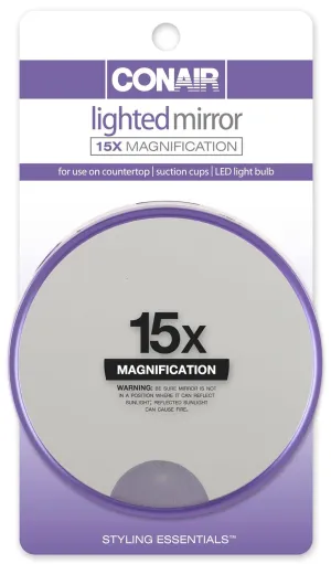Conair 15x Magnification Lighted Suction Cup Mirror, Colors May Vary (Pack of 2)