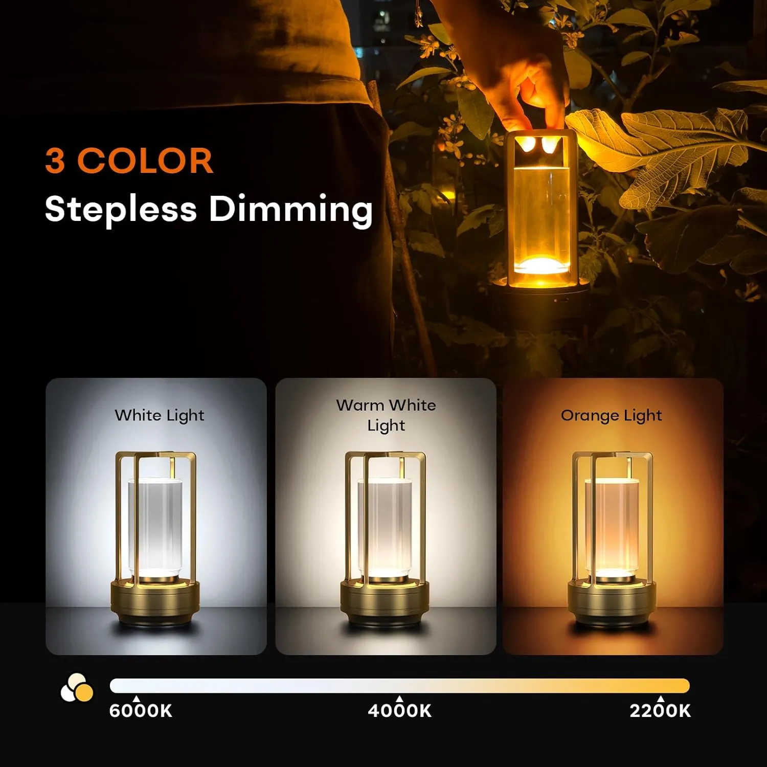 Cordless Portable LED Table Lamp, Rechargeable Battery Operated Desk Lamp with Touch Sensor, 3-Way Dimmable Suitable for Bars/Cafes/Restaurants/Bedrooms/Camping (Gold)