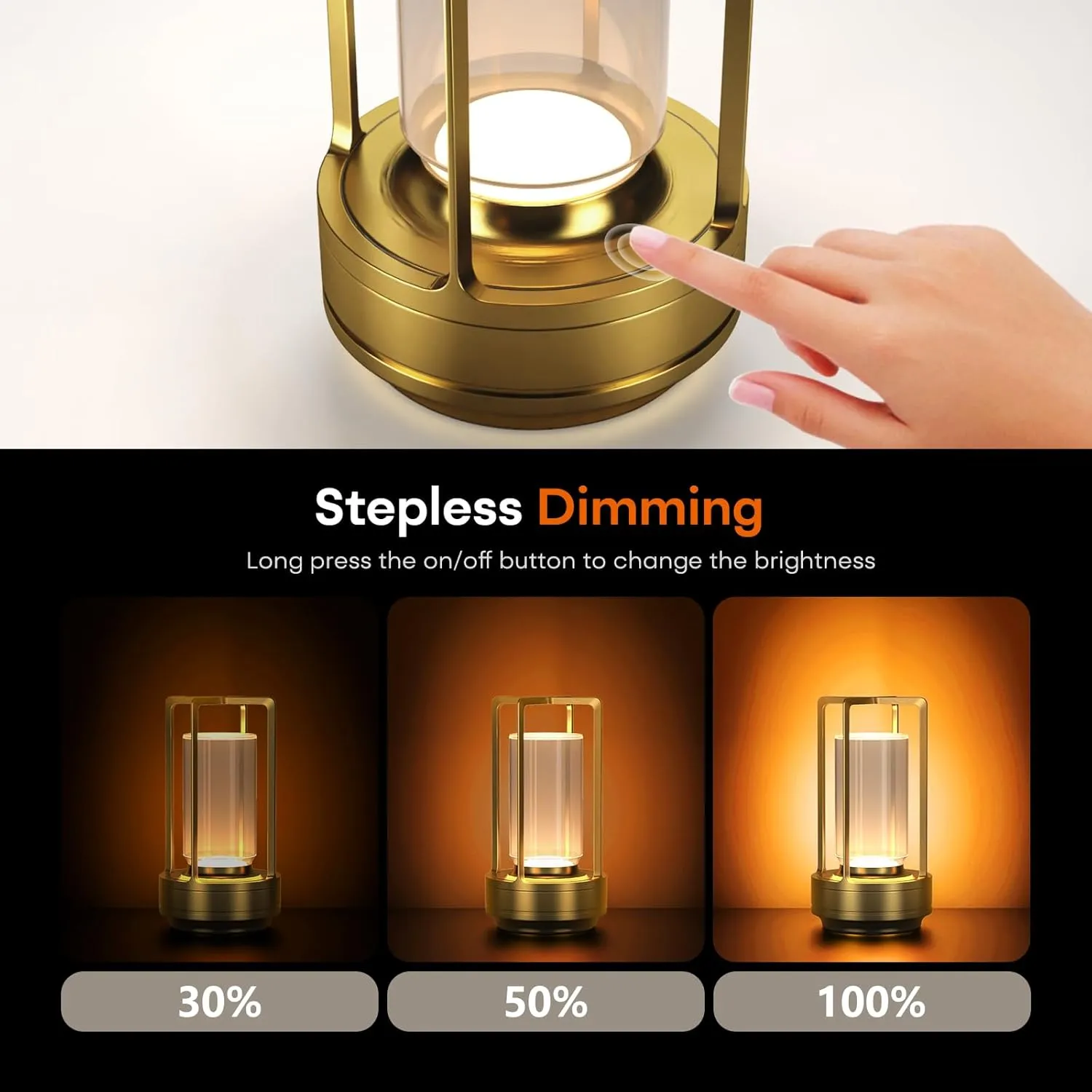 Cordless Portable LED Table Lamp, Rechargeable Battery Operated Desk Lamp with Touch Sensor, 3-Way Dimmable Suitable for Bars/Cafes/Restaurants/Bedrooms/Camping (Gold)